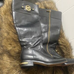 Michael Kors Black Leather Boots with Gold Details